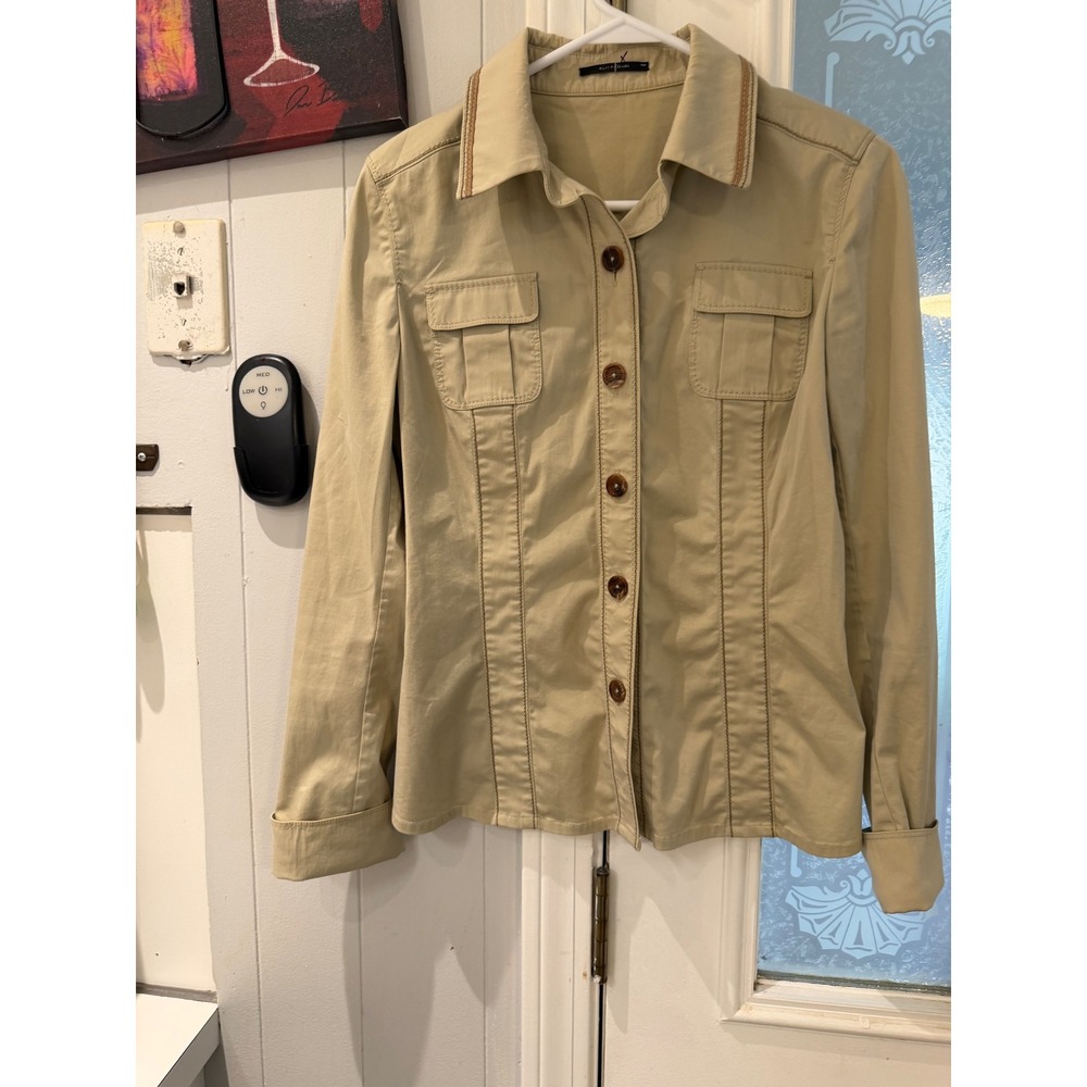 Elie Tahari Tan Khaki Button Down Utility Jacket Stitch Detail Pockets